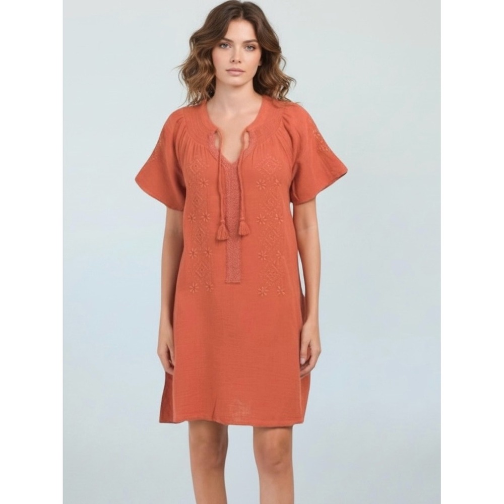Lucky Brand Cotton Embroidered‎ V-Neck Short Sleeve Midi Shirt Dress Woman's S